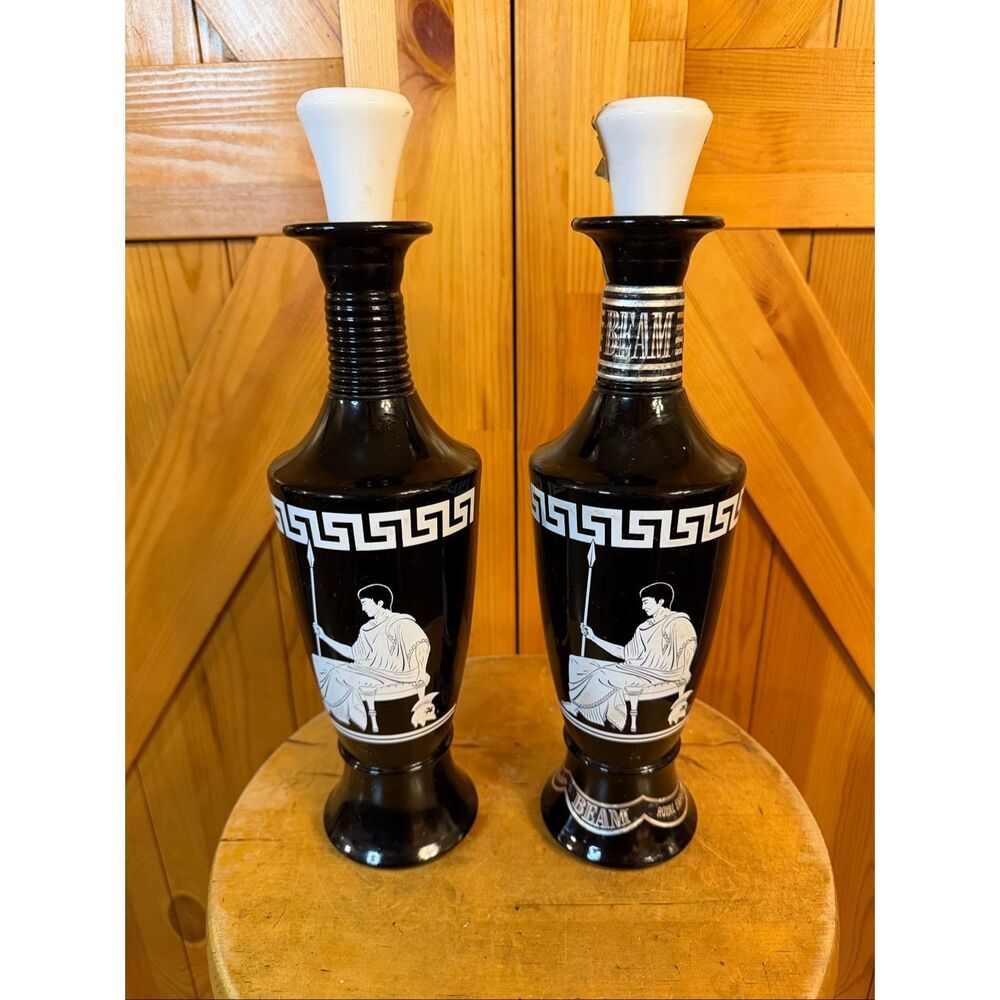 Vtg 2-Jim Beam 14” Glass Whiskey Decanter Bottle Vase Greek Roman 1958 Empty (69